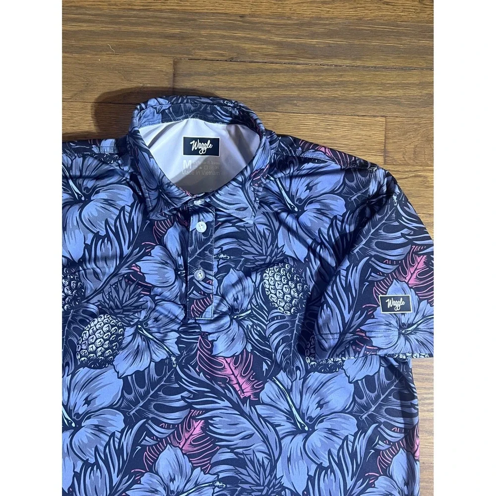 Waggle Golf Polo Shirt Mens Medium Blue Pink Tropical Floral Pineapple Hibiscus - Picture 2 of 5